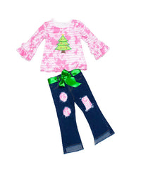 Dress Up Dreams Pink Tie-Dye Christmas Tree Top & Jeans Set size 5