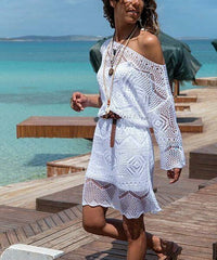 Ecru Geometric Crocheted Off-The-Shoulder Dress size XL