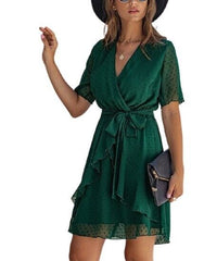 Supreme Fashion Women Polka Dot Wrap Green Dress Size M