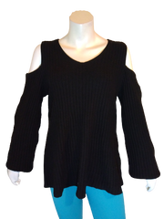 NY Collection Woman Deep Black Cold Shoulder Knit Sweater