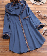 E-RÃtro Blue Pocket Button-Up Hooded Swing Jacket