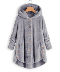 Baisico Light Gray Side-Pocket Plush Hooded Button-Up Coat