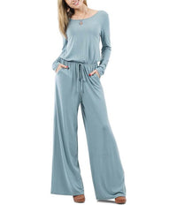 42POPS Blue-Gray Boatneck Keyhole-Back Long-Sleeve Pocket Jumpsuit