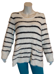 Style & Co Woman White/Black Loose Weave Striped Sweater