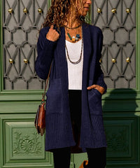 CCK Style Dark Blue Ribbed Pocket Wool-Blend Duster