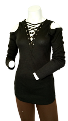 Black Lace-up Cold Shoulder Blouse
