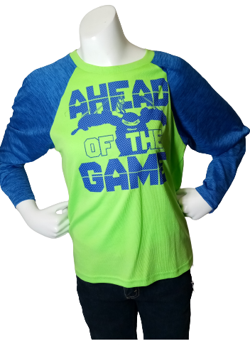 Green/blue "Ahead of the Game" long sleeve athletic shirt