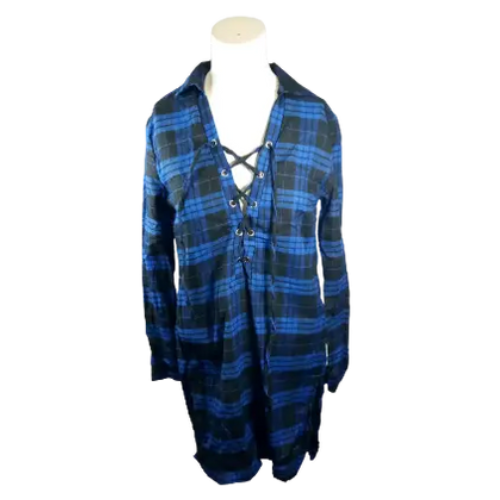 Diva General Collection Women’s Blue Plaid Long Sleeve Dress, Size Small