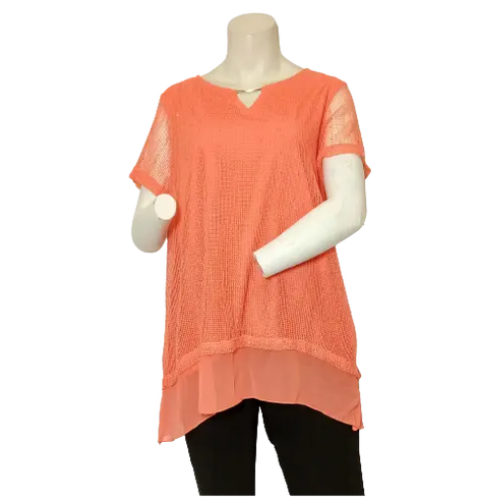 JM Collection Women’s Orange Short Sleeve Shirt with Fishnet Overlay, Size 1X