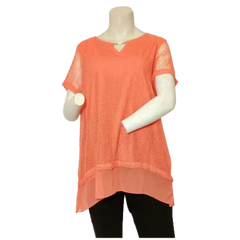 JM Collection Women’s Orange Short Sleeve Shirt with Fishnet Overlay, Size 1X