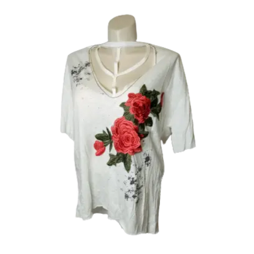 Emory Park Women’s White Short Sleeve Shirt with Roses, Size Medium