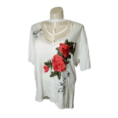 Emory Park Women’s White Short Sleeve Shirt with Roses, Size Medium