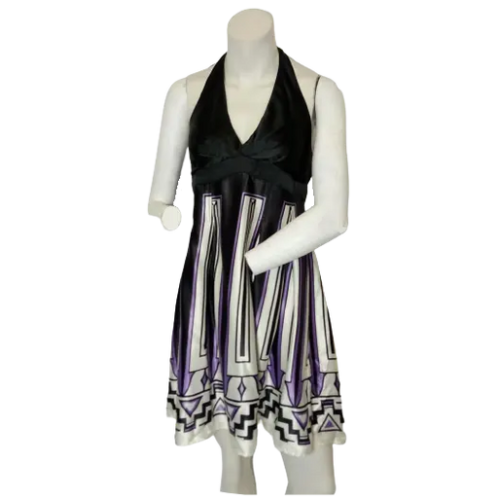 Minuet Women’s Black/White/Purple Retro Pattern Dress, Size Medium