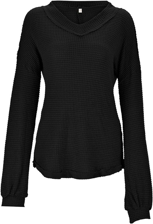 Vrkufie Black Waffle-Knit Button Bishop-Sleeve Sweater
