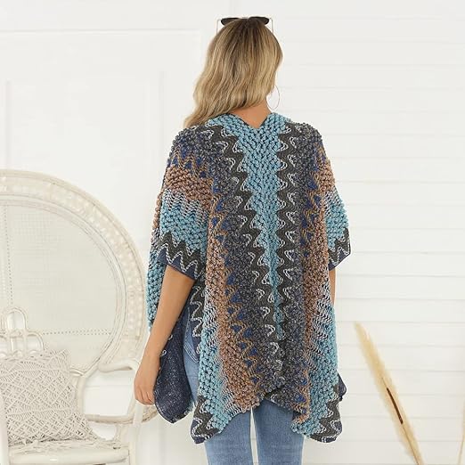 Belle de Jour Blue Patchwork Pocket Knit Open Poncho Cardigan