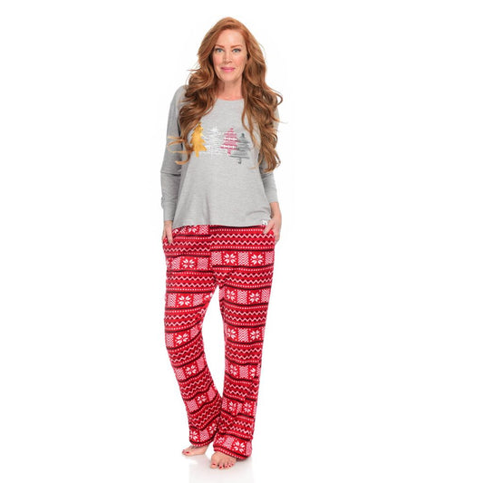 BEARPAW Gray Christmas Tree & Red Fair Isle Fuzzy Pajama Set