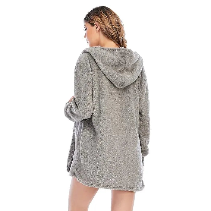 Floral Blooming Gray Fuzzy Hooded Robe Set