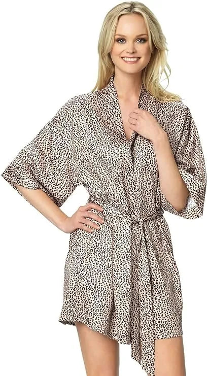 Jezebel by Felina Muse - Leopard Print Silky Satin Kimono Wrap Robe