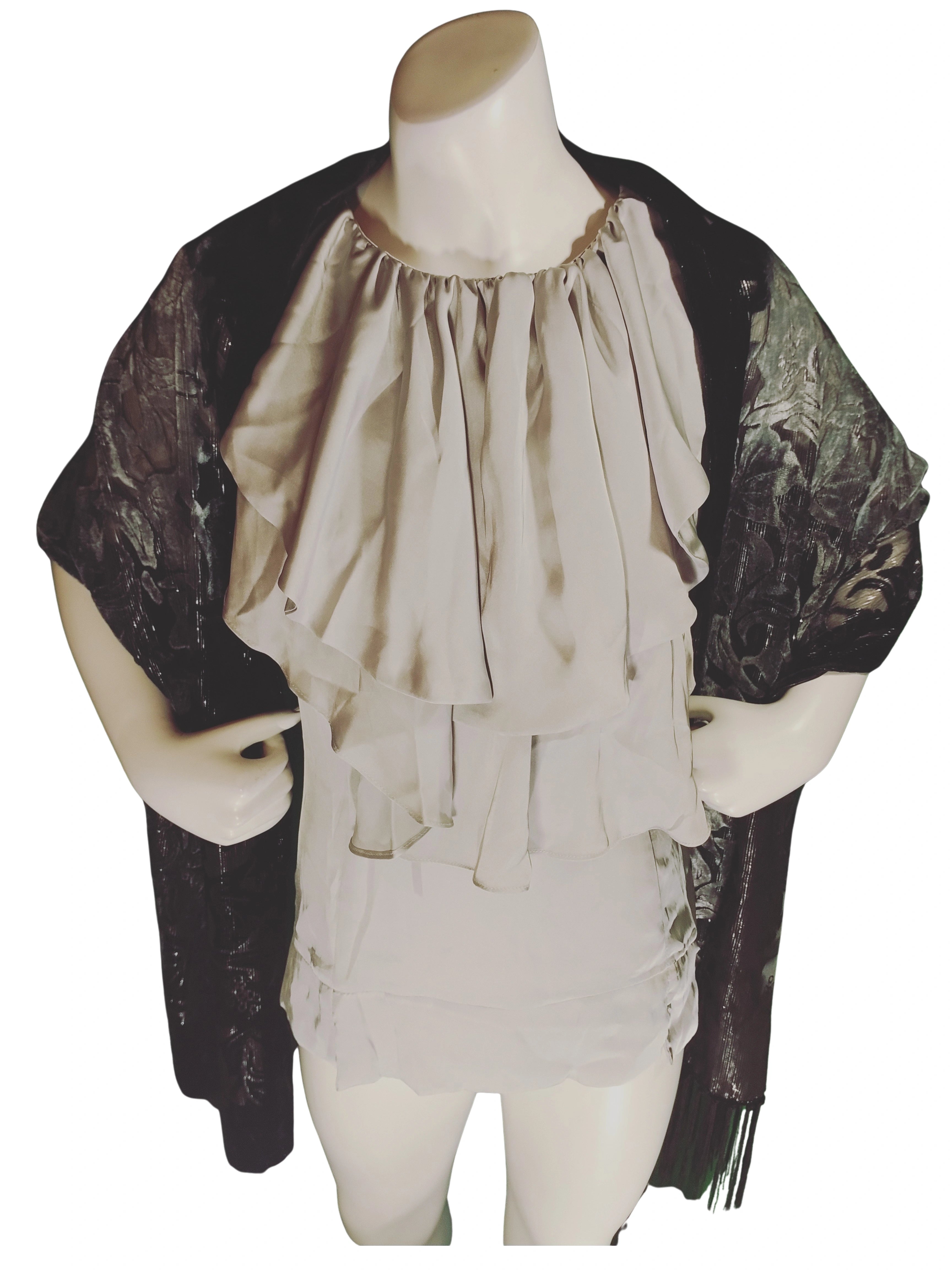 INC Black Grey Green Etched Velvet Scarf – Elegant Fringe Wrap, Luxe Fabric (70"x17")