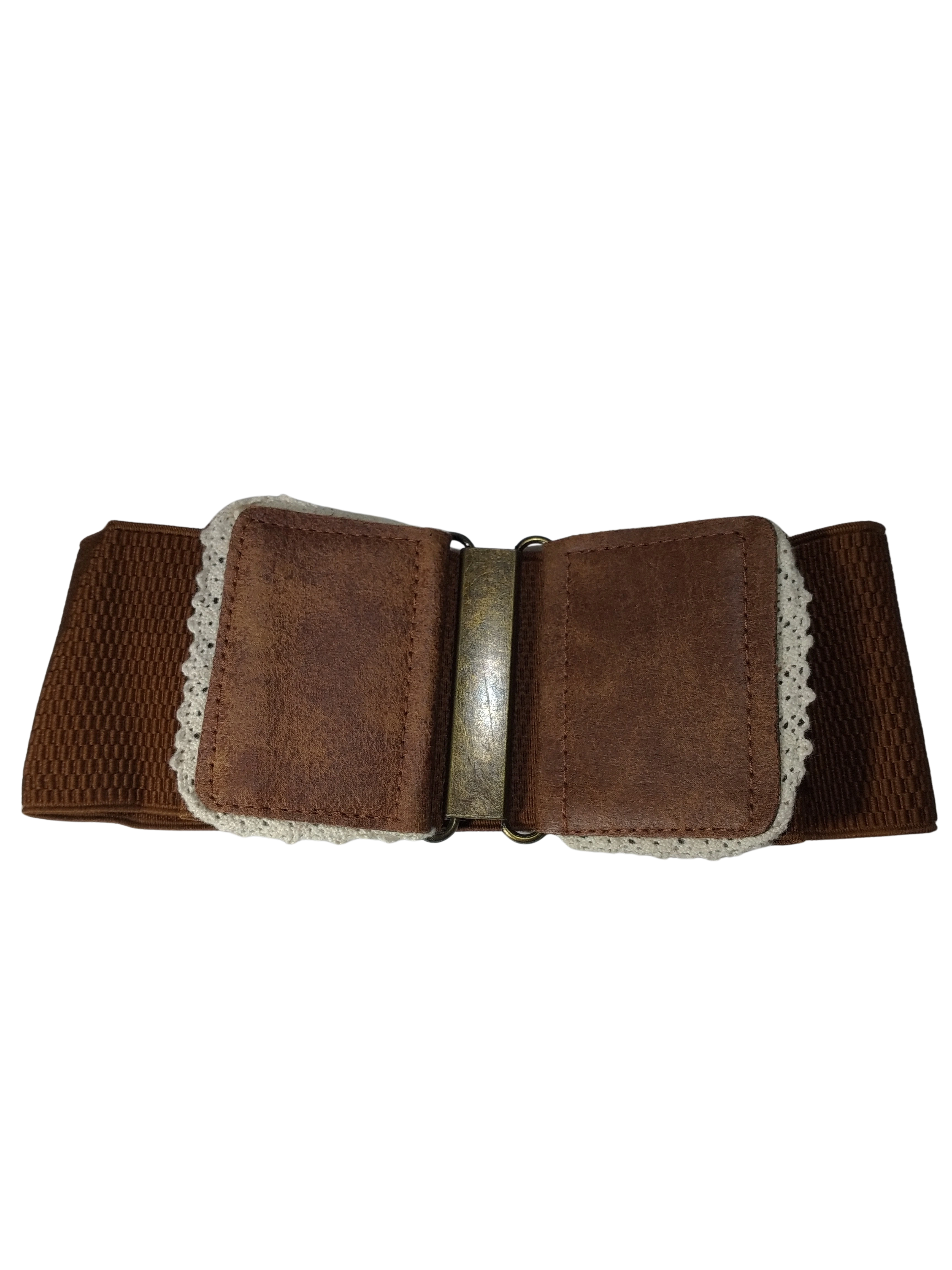 Diva General Brown Stretchy Belt  3"x25.5" Pleather & Webbing Waist Belt with Hook & Eye Closure