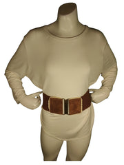 Diva General Brown Stretchy Belt  3"x25.5" Pleather & Webbing Waist Belt with Hook & Eye Closure