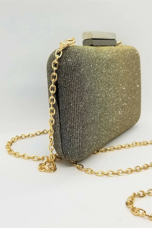 AQUA Mini Gold Silver Black Sparkle Box Clutch with Chain Strap
