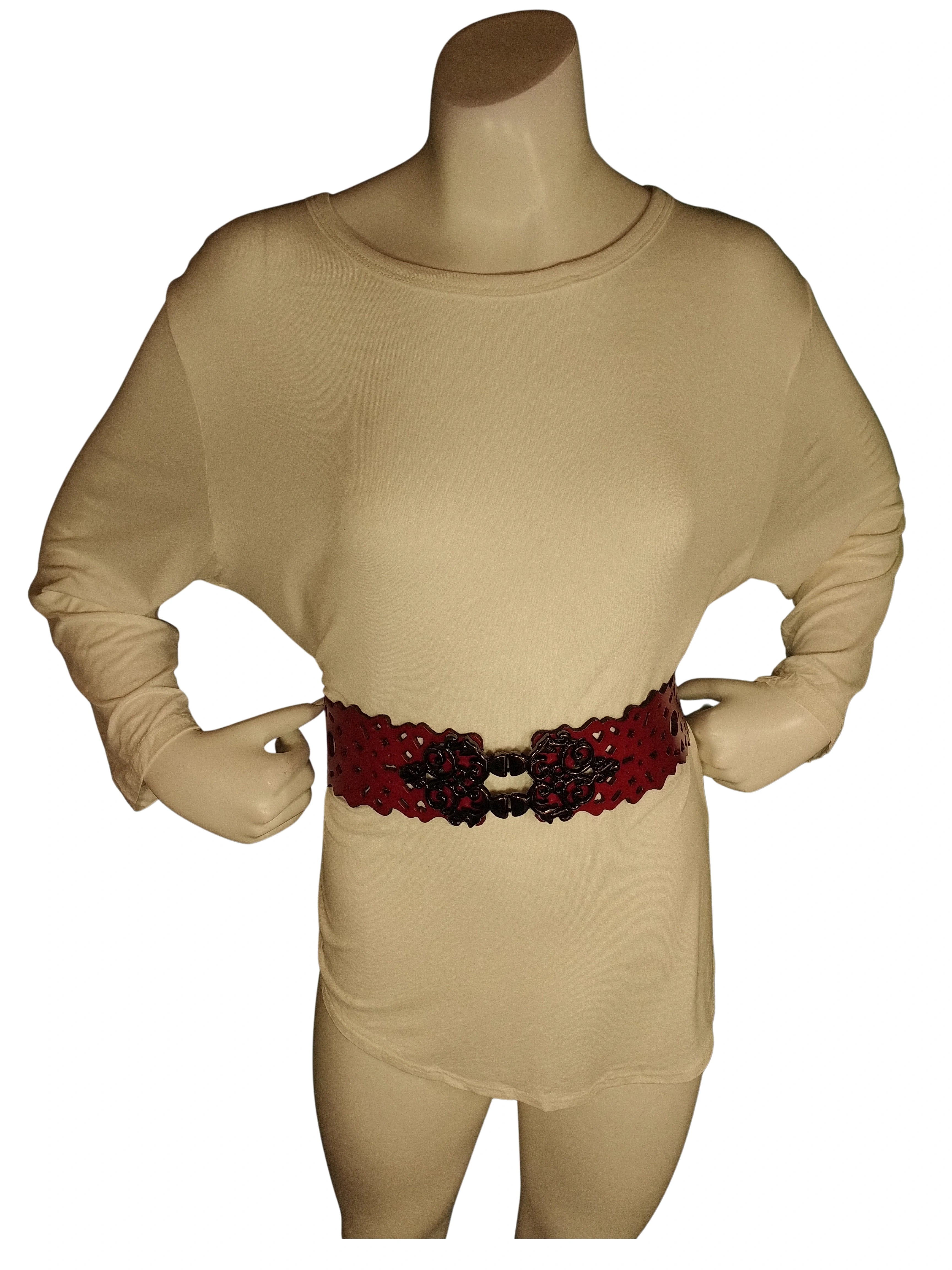 Diva General Red & Black Stretchy Belt  2"x30" Pleather & Webbing Waist Belt with Black Hook & Eye Closure