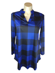 Diva General Collection Blue/Black Check Long Sleeve Women's Blouse - 3X