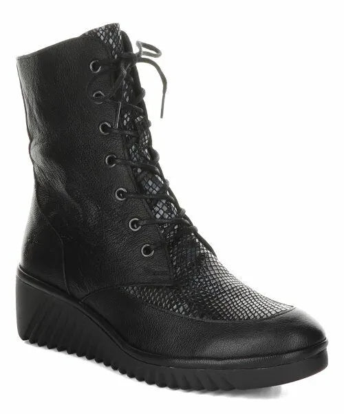 FLY London Black & Gray Snake-Embossed Lira Suede Lace-Up Boots
