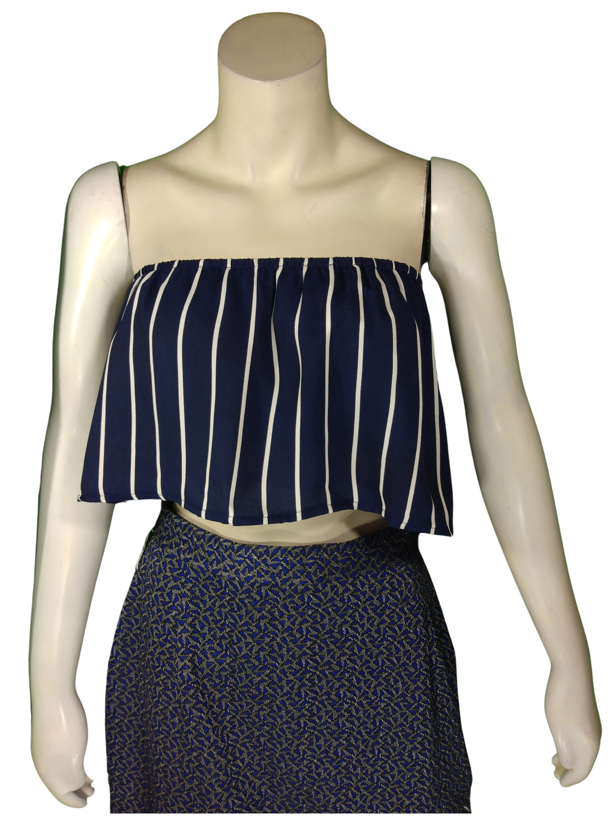 Qi Ling Navy/White Striped Yoke Crop Women's Top - XL