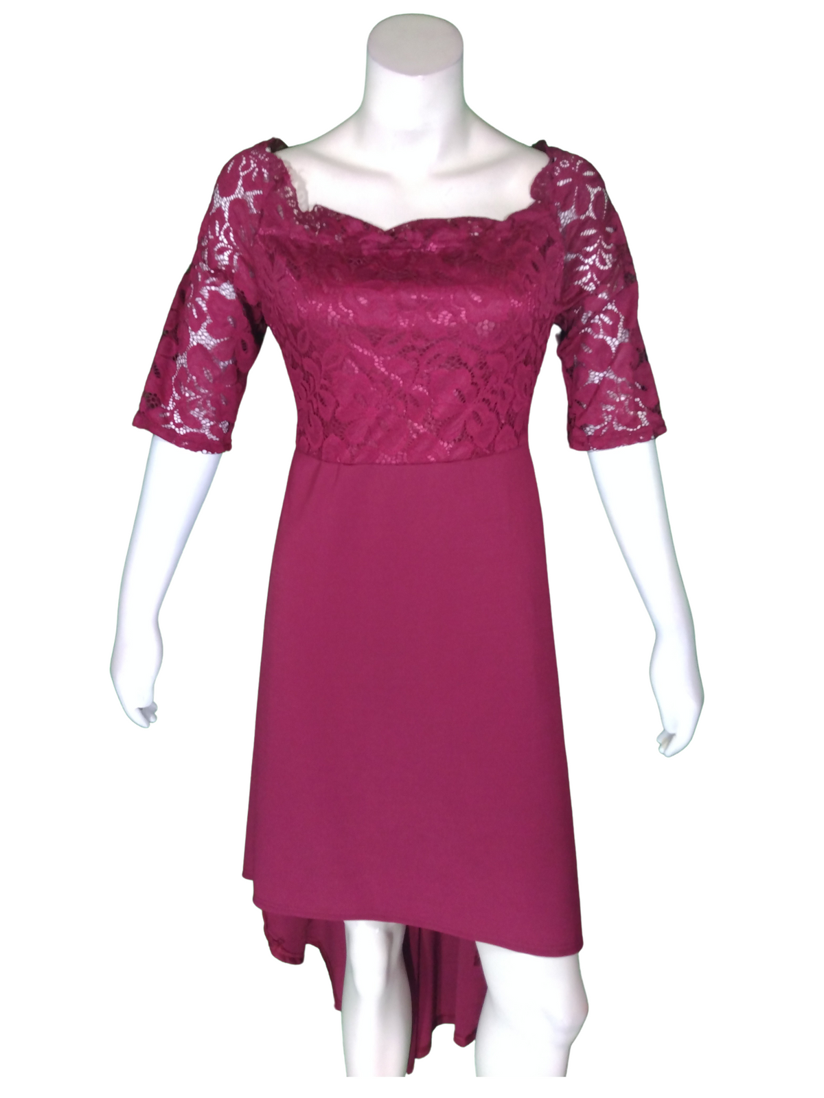 Rosegal Dark Red 1/2 Sleeve Hi-Low Women's Dress with Lace - XL