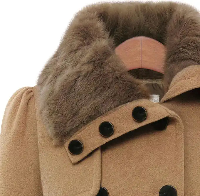 GYK Camel Faux Fur-Collar Belted Pleated Peacoat