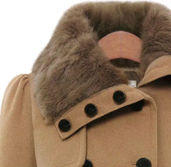 GYK Camel Faux Fur-Collar Belted Pleated Peacoat