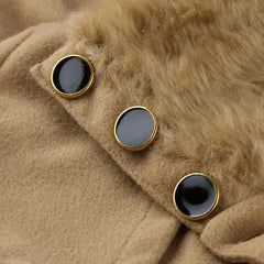 GYK Camel Faux Fur-Collar Belted Pleated Peacoat
