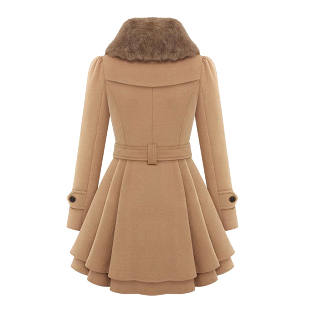 GYK Camel Faux Fur-Collar Belted Pleated Peacoat