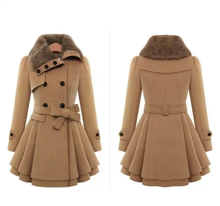 GYK Camel Faux Fur-Collar Belted Pleated Peacoat