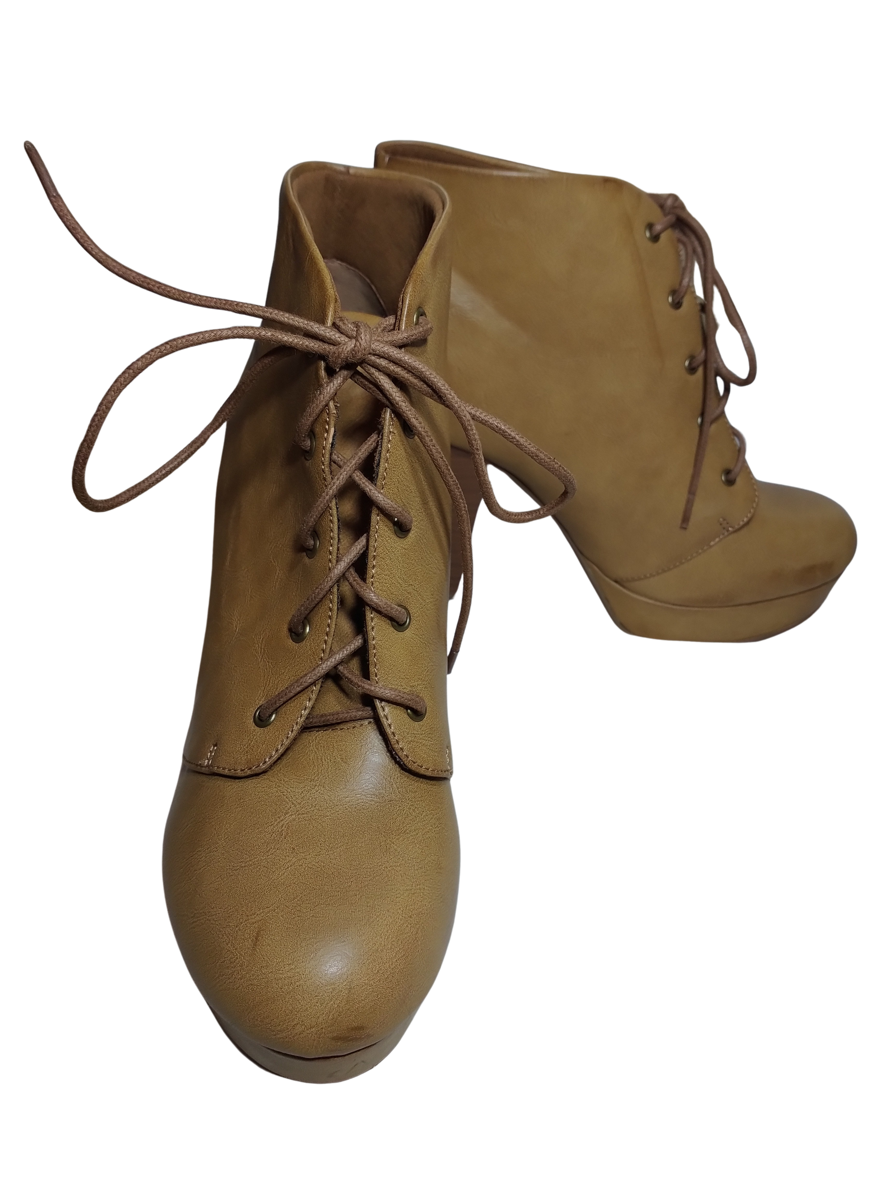 Soda Faux Leather High-Heeled Lace Up Platform Ankle Booties in Caramel