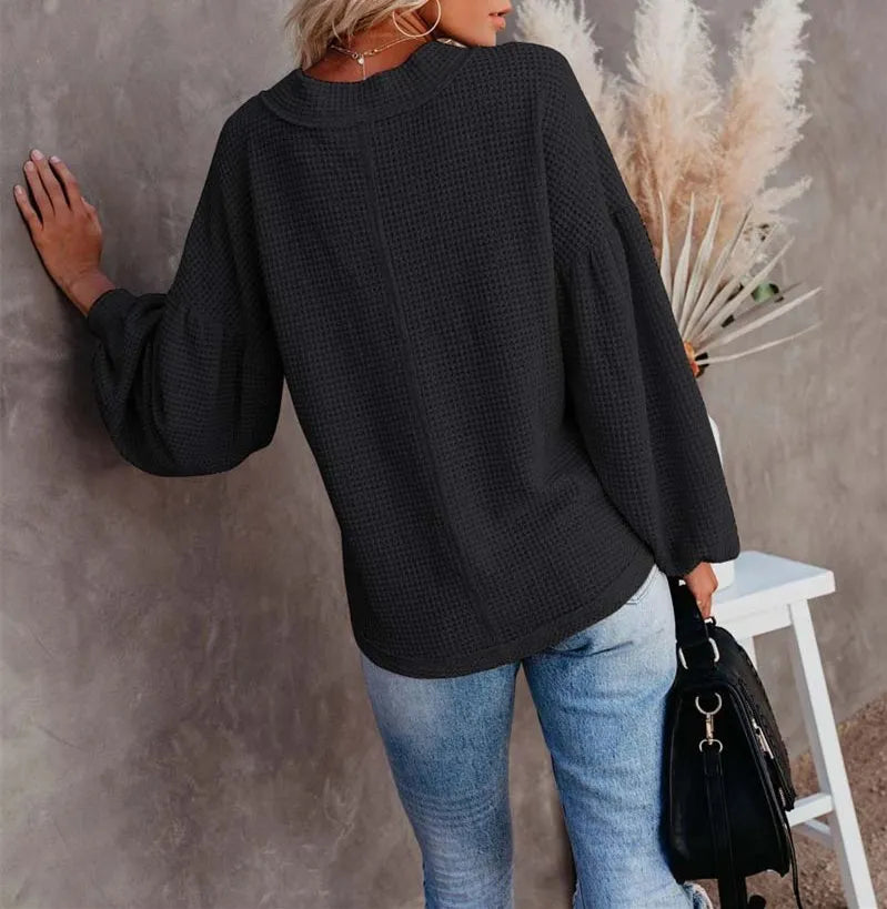Vrkufie Black Waffle-Knit Button Bishop-Sleeve Sweater