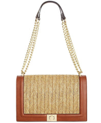 INC International Concepts Ajae Flap Straw Flap with Leather Crossbody Natural Pecan with Gold Accents