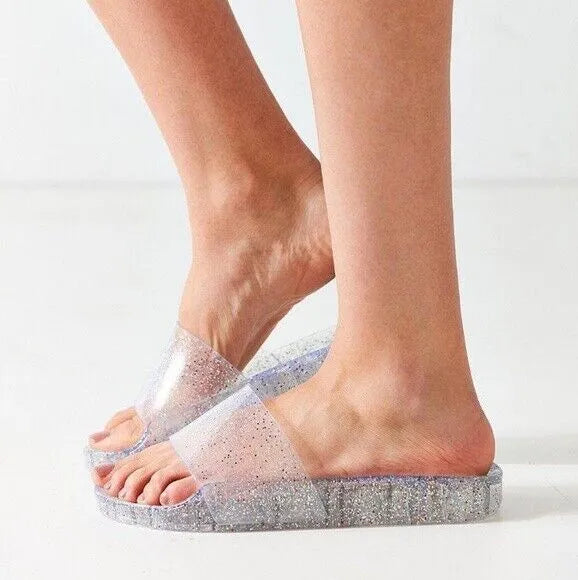 INC International Concepts Glitter Jelly Pool Slides Clear Transparent Flip Flops
