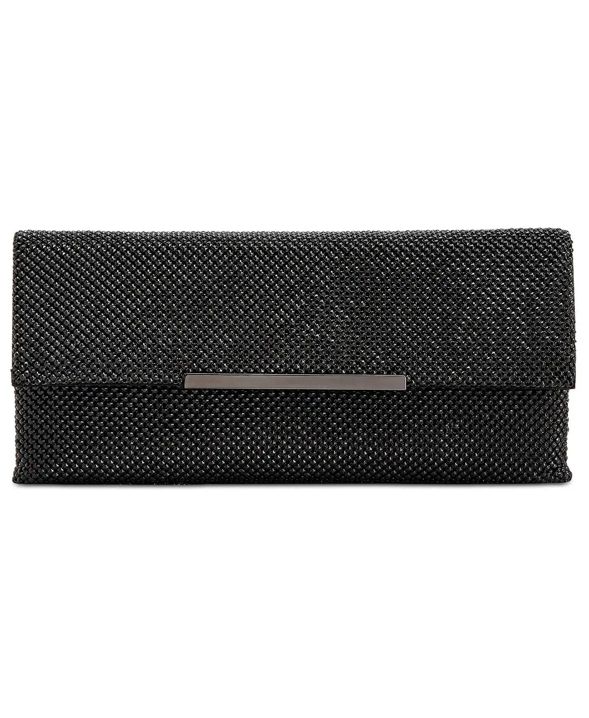 INC International Concepts Hether Shiny Mesh Clutch in Black with Metal Hardware and Chain Strap