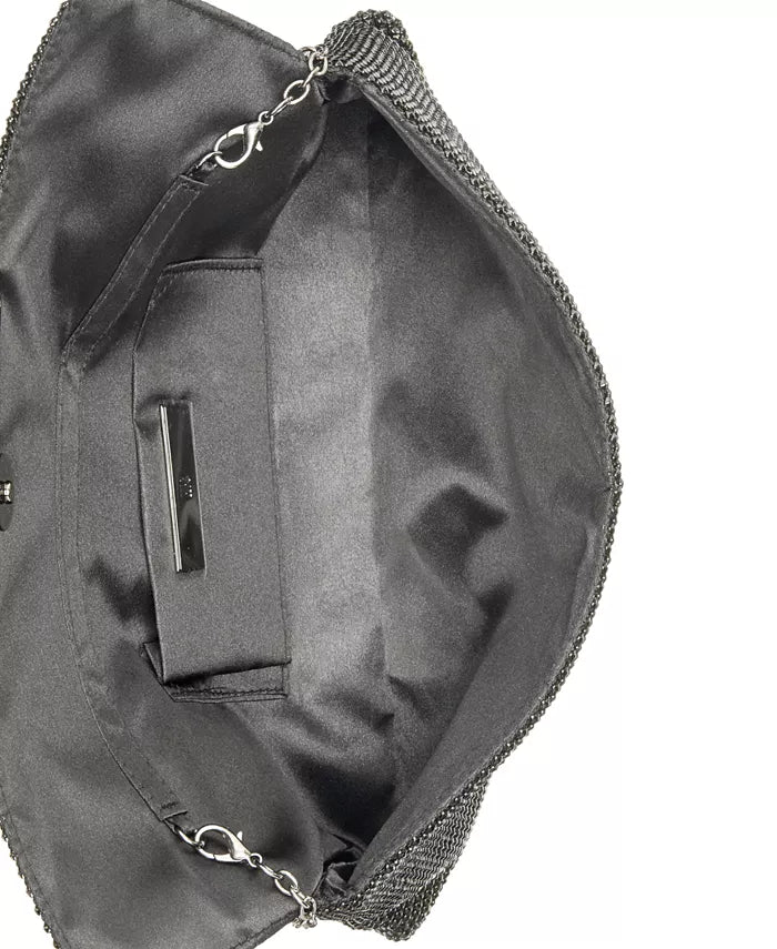 INC International Concepts Hether Shiny Mesh Clutch in Black with Metal Hardware and Chain Strap