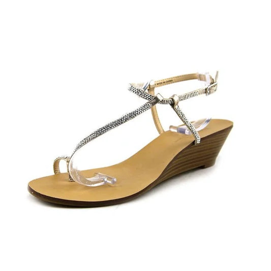 INC Womens I35 Mystik Toe Loop T-Strap Studded Wedge Sandals Pearl Gold