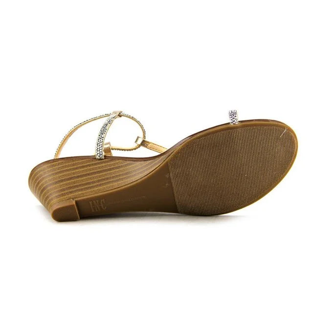 INC Womens I35 Mystik Toe Loop T-Strap Studded Wedge Sandals Pearl Gold