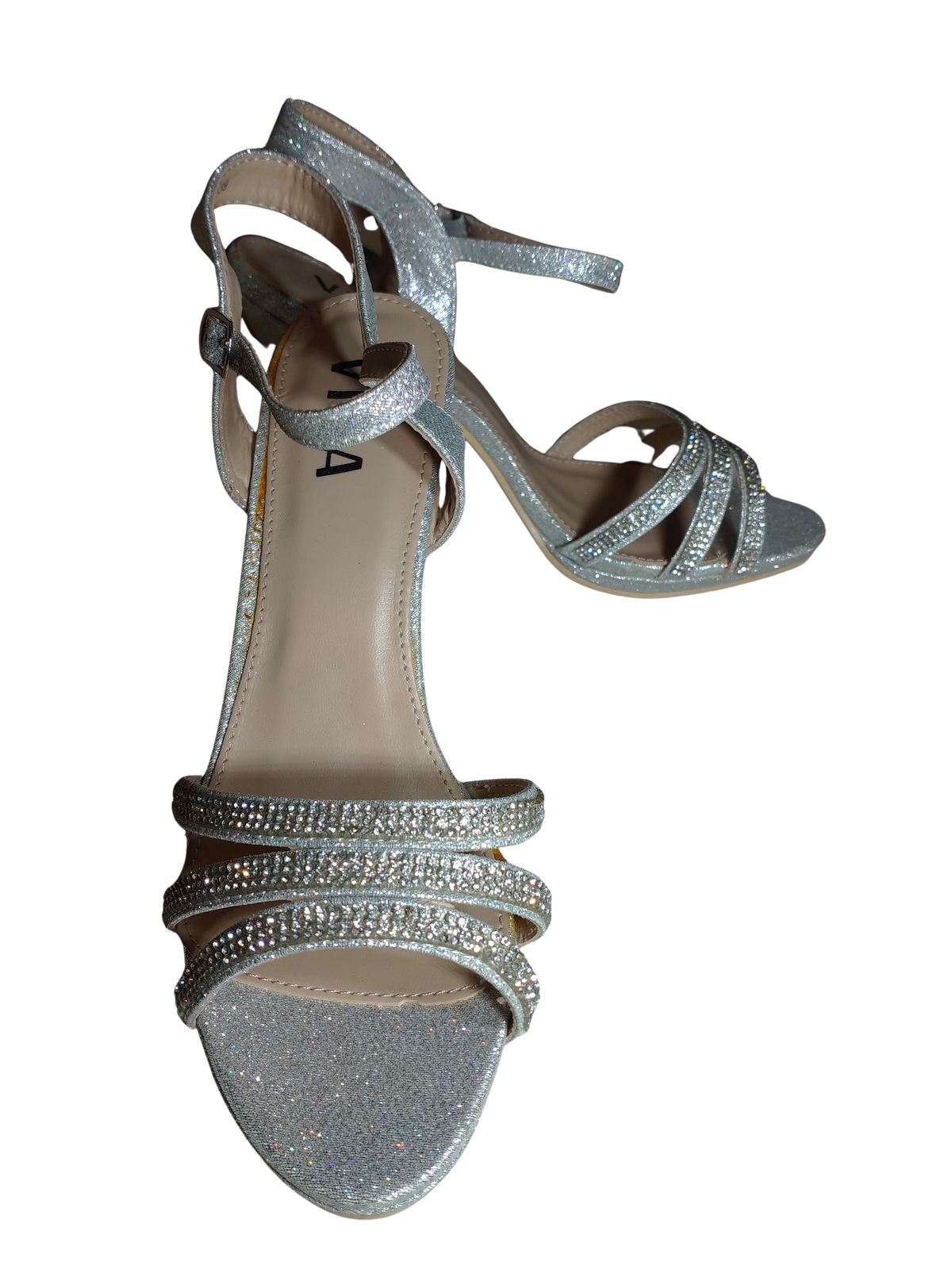Viva Silver Sparkly Jeweled Stiletto Heels with Buckle