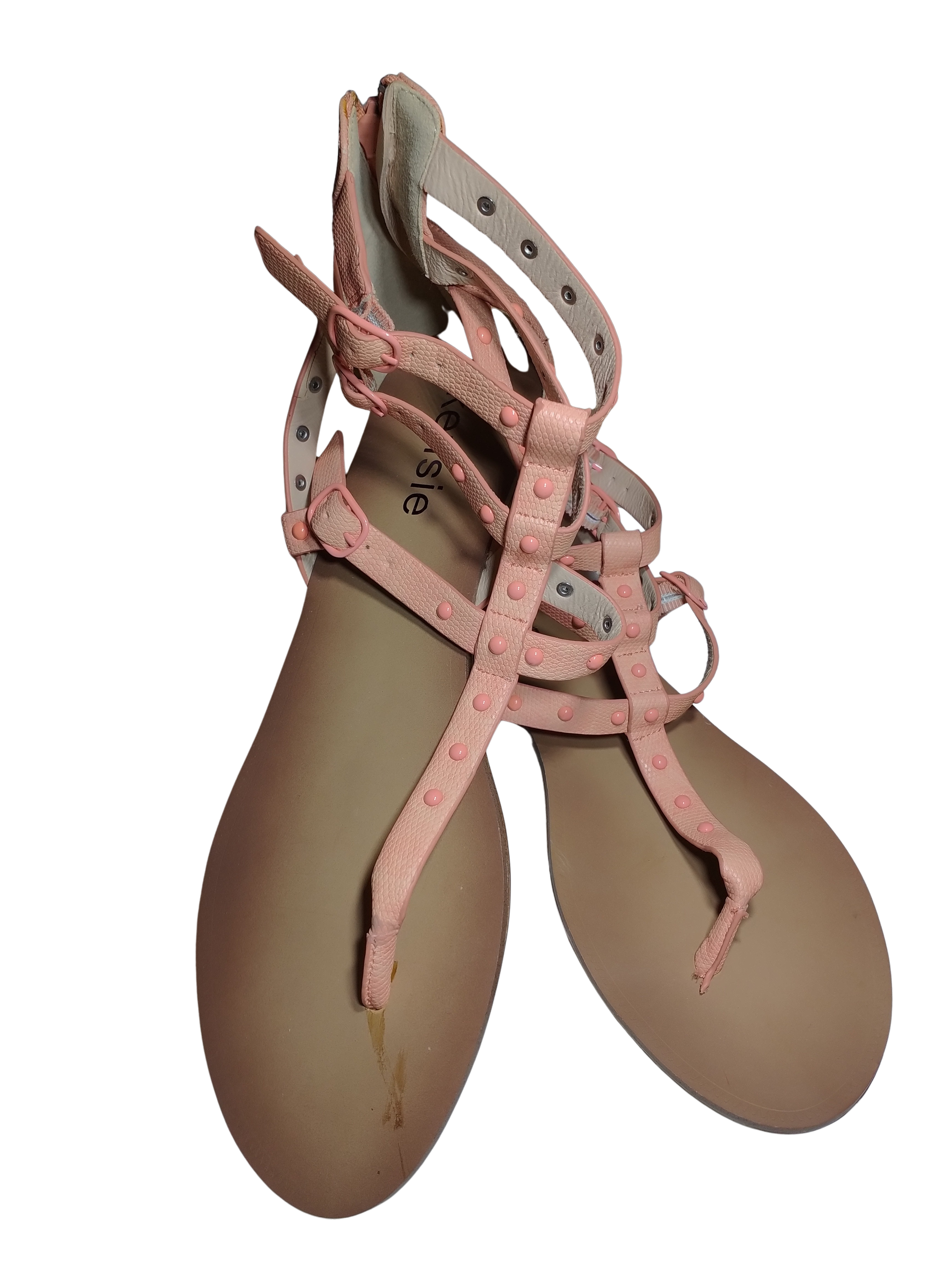 Kensie Salmon & Light Brown Studded Gladiator Style Sandals with 3 Buckles