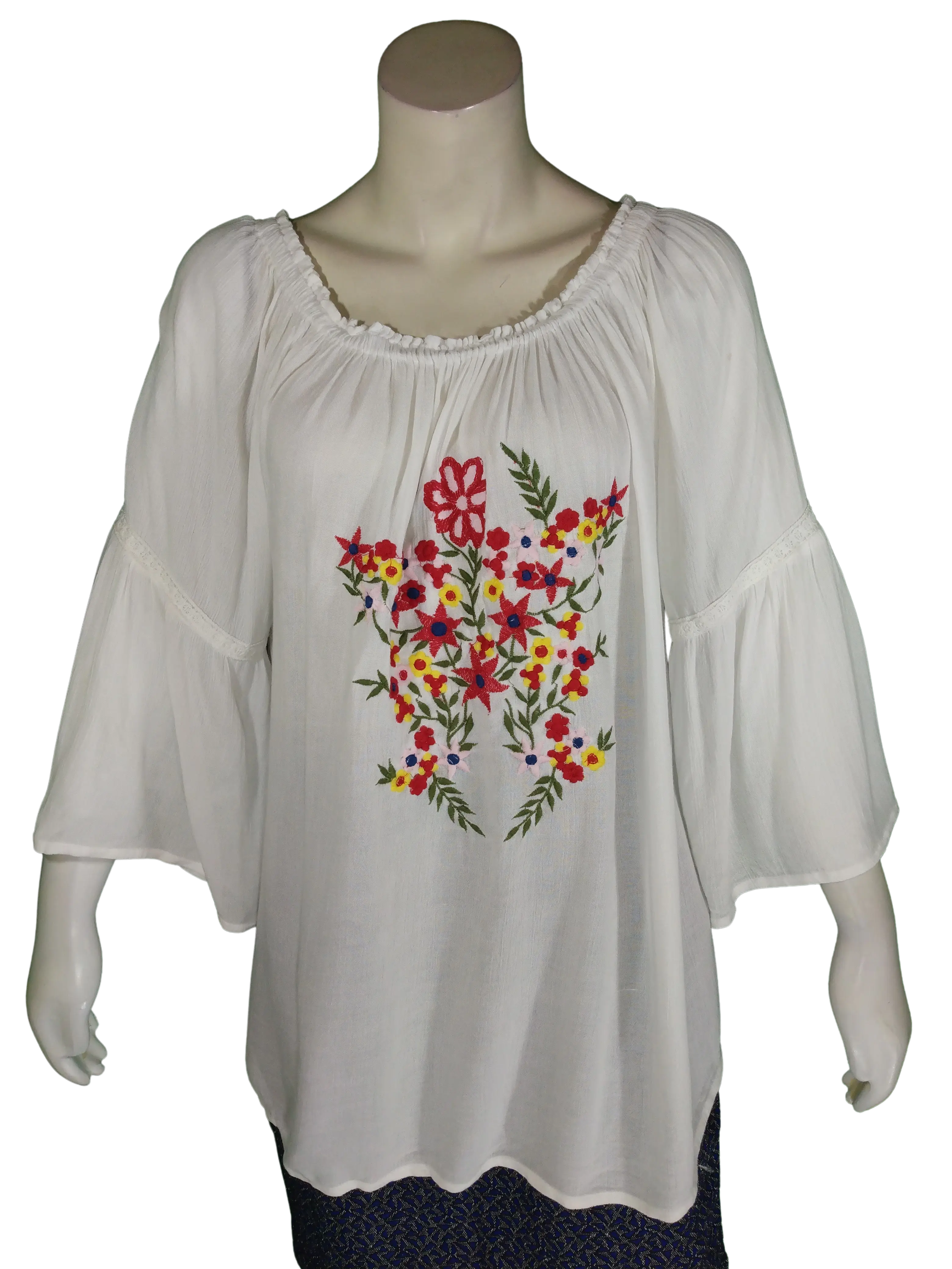 Studio West Apparel Women’s White Sheer Bell Sleeve Top with Flower Embroidery, Size Large