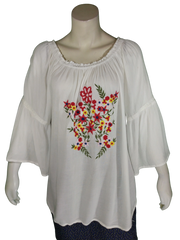Studio West Apparel Women’s White Sheer Bell Sleeve Top with Flower Embroidery, Size Large