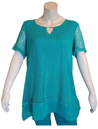 JM Collection Women’s Green Short Sleeve Top with Fishnet and Sequins, Size 1X