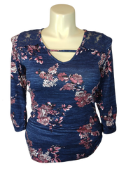 A. Byer Women’s Navy/Cranberry Floral Top with Lace Accent, Size XL
